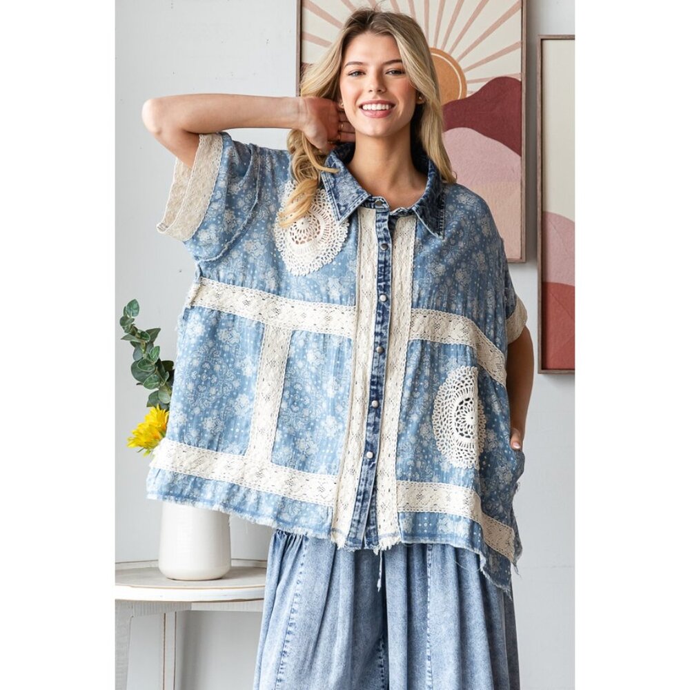 Oli & Hali Washed Crochet Patchwork Button Down Shirt NWOT Size Large